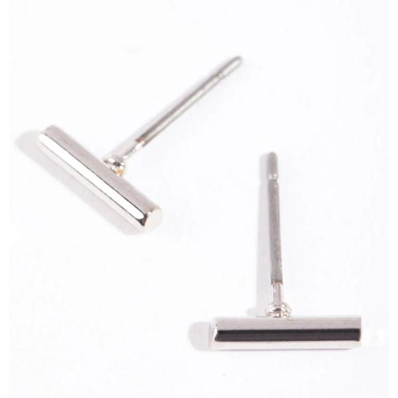 Unisex/Men’s‎ Fine 925 Sterling Silver Rhodium Staple Stud Earrings - Picture 3 of 16